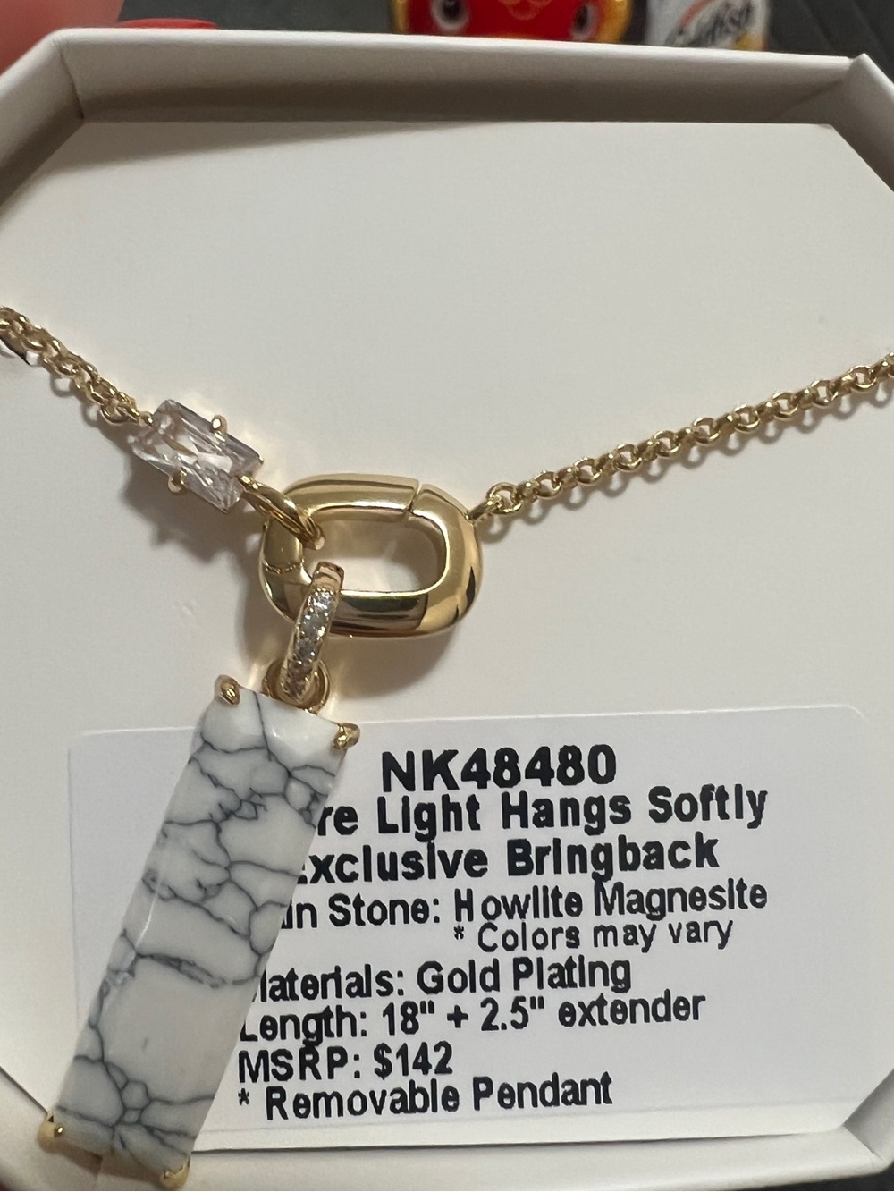 Gold Plated Howlite Magnestite Bar Pendant Necklace - White